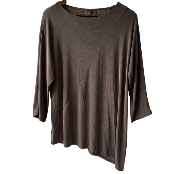 Chico’s Travelers Women’s 2 (L) Asymmetrical Hem Tunic Taupe Slinky Stretch Knit - Picture 1 of 7